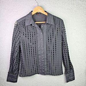 N by Nancy Black Lace Crochet Button Up Blouse L Long Sleeve Trendy Top Y2K